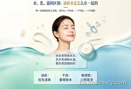 《水、乳、霜的区别：油和水是怎么“在一起”的》——乳化体系解析，为什么水是水、霜是霜，不同剂型适合谁